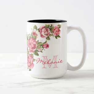 Vintage rosafarbene Rosen Pfingstrosen Name, Monog Zweifarbige Tasse