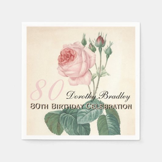 Vintage Rose 80. Geburtstagsparty Papier Napkins Serviette (Vorderseite)