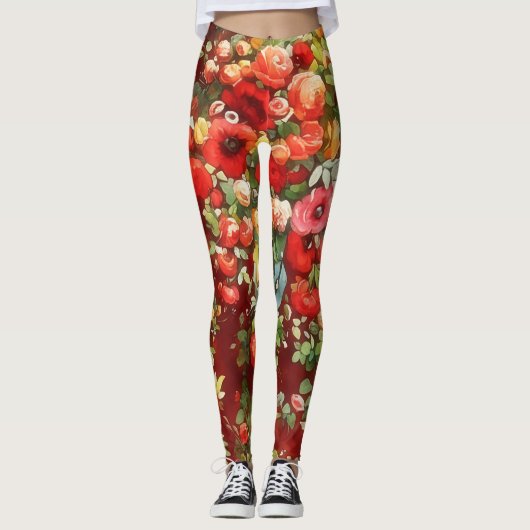 Vintage Rose Art Garnet Rote Leggings (Vorderseite)