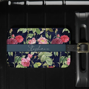 Vintage Rose auf dunkelblauen Velvet-Designnamen Gepäckanhänger