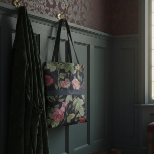 Vintage Rose auf dunkelblauen Velvet-Designnamen Tasche