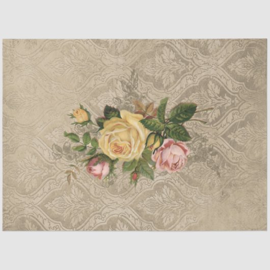 Vintage Rose auf Grungy Sepia Damask Seidenpapier (Vorderseite)