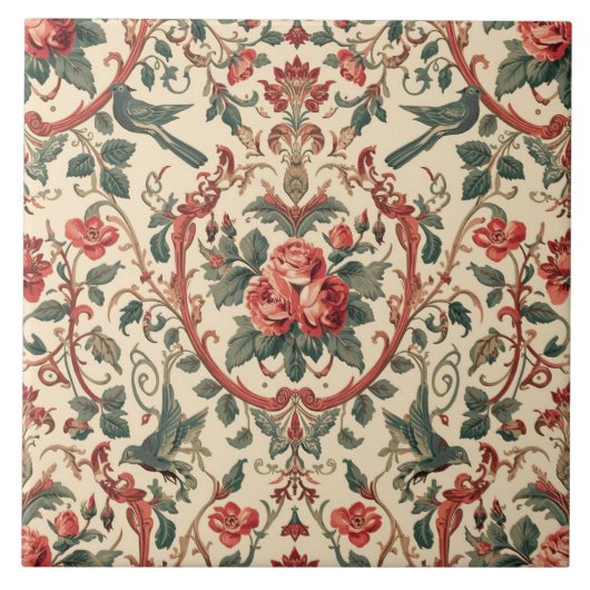 Vintage Rose & Bird Pattern Romantic Art Nouveau Fliese (Vorderseite)
