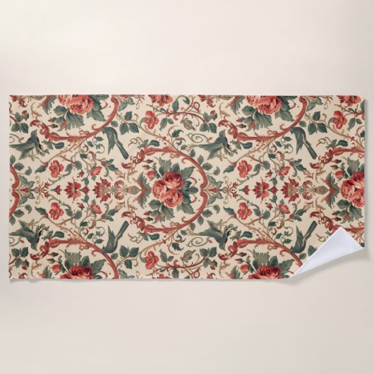 Vintage Rose & Bird Pattern Romantic Art Nouveau Strandtuch (Vorderseite)