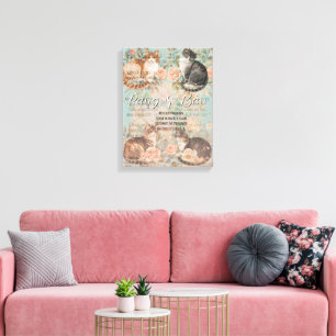 Vintage-Rose-Blumen-Cottage-Garten-Katzen Pangur B Leinwanddruck
