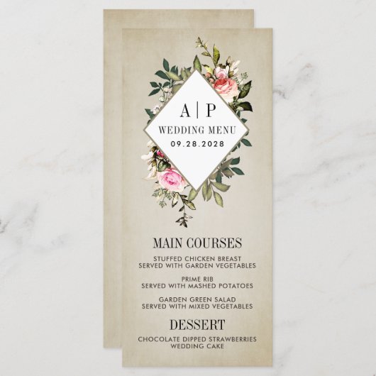 Vintage Rose Blumengrün Hochzeitskarten Menükarte (Vorne/Hinten)