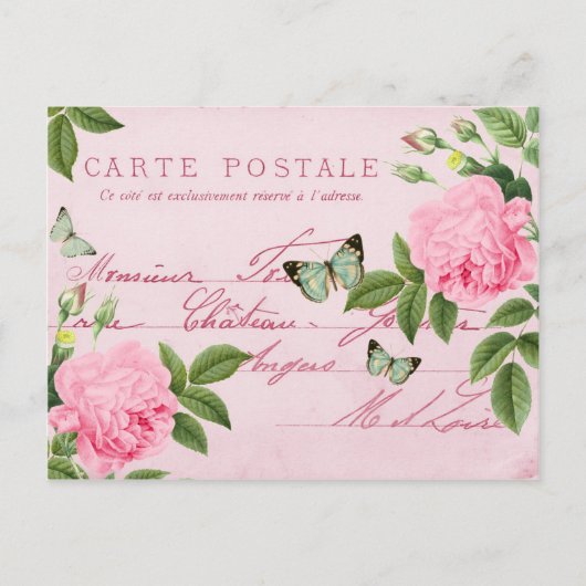 Vintage Rose Blumenpostkarte mit Schmetterlingen Postkarte (Vorderseite)