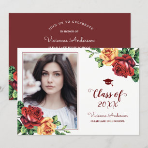 Vintage Rose Burgund Roter Abschluss Foto Grad Einladung