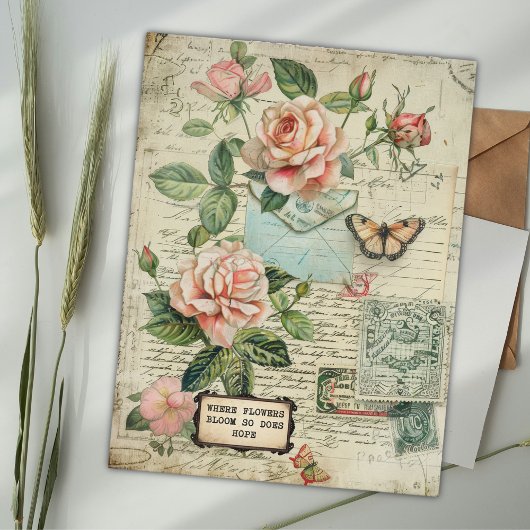 Vintage Rose & Butterfly Botanisches Ephemera Postkarte