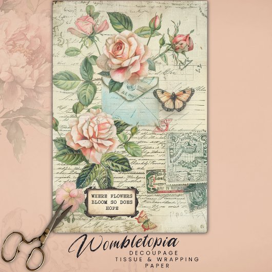 Vintage Rose & Butterfly Botanisches Ephemera Seidenpapier