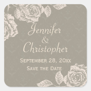 Vintage Rose Creme auf Dusty Gray Save the Date Quadratischer Aufkleber