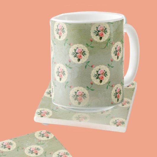 Vintage Rose Doilien verblasst rauschige grüne Dam Kaffeetasse