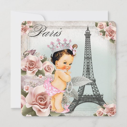 Vintage Rose Eiffel Tower Paris Babydusche Einladung (Vorderseite)