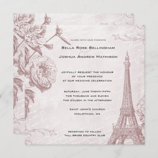 Vintage Rose Eiffelturm Hochzeit Einladung (Vorne/Hinten)