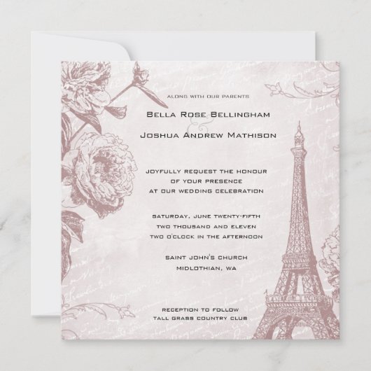 Vintage Rose Eiffelturm Hochzeit Einladung (Vorderseite)
