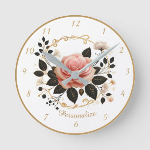Vintage Rose Eleganz Rosa Gold Romantische Blumen Runde Wanduhr
