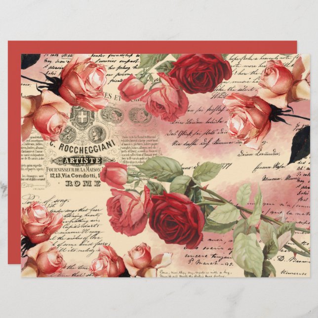 Vintage Rose Ephemera Scrapbook Paper Sheet (Vorne/Hinten)