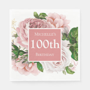 Vintage Rosé Florale Grünpflanzen 100. Geburtstag Serviette