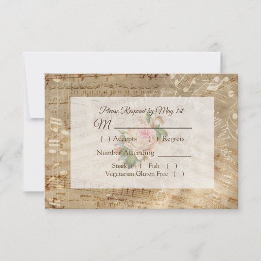 Vintage Rose für antike Notenblätter Hochzeitskart RSVP Karte (Vorderseite)