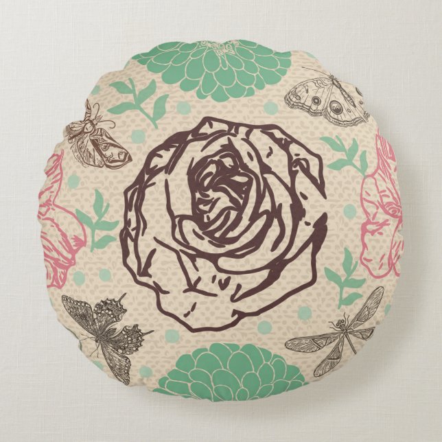 Vintage Rose Gartenmuster Rundes Kissen (Vorderseite)