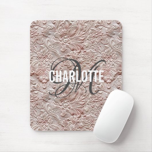 Vintage Rosé getriebenes Leder Monogramm Name Mousepad (Mit Mouse)