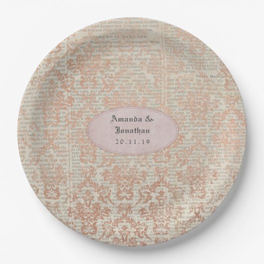 Vintage Rose Gold Damask Shabby-Chic Hochzeit Pappteller (Vorderseite)