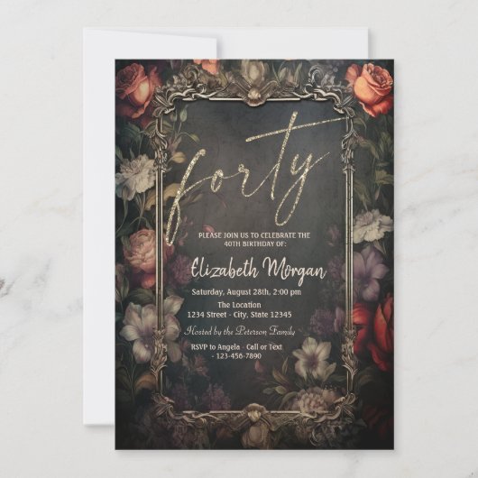 Vintage Rose Gothic 40. Geburtstag Einladung (Vorderseite)