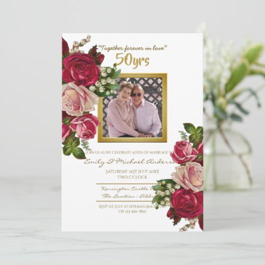 Vintage Rose Hochzeitstag - JEDES JAHR Einladung (Stehend Vorderseite)