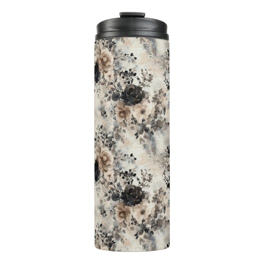 Vintage Rose in Beige, Schwarz, Creme Thermosbecher (Vorderseite)