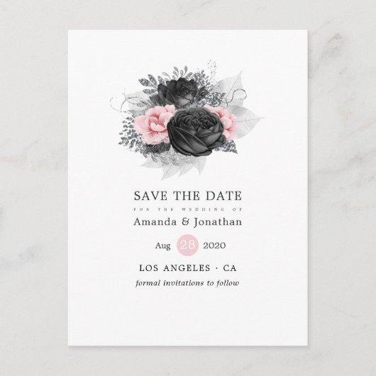Vintage Rose in Schwarzweiß Save the Date Ankündigungspostkarte (Vorderseite)