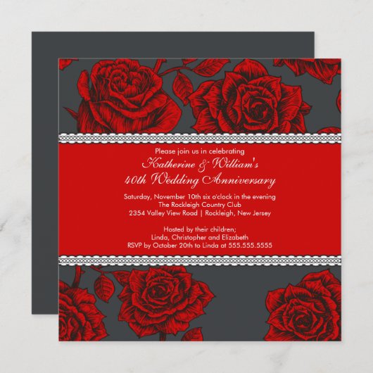 Vintage Rose Jubiläum Einladung Black Red (Vorne/Hinten)