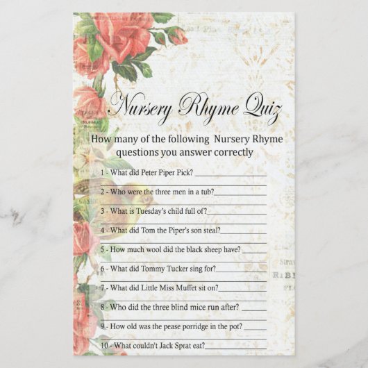 Vintage Rose Kinderzimmer Rhyme Quiz Kinderduschen (Vorderseite)