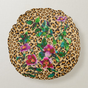 Vintage Rose - Leopardendruck Rundes Kissen