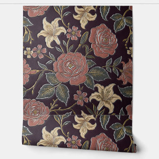 Vintage Rose & Lily Bloom on Deep Plum Elegance Tapete