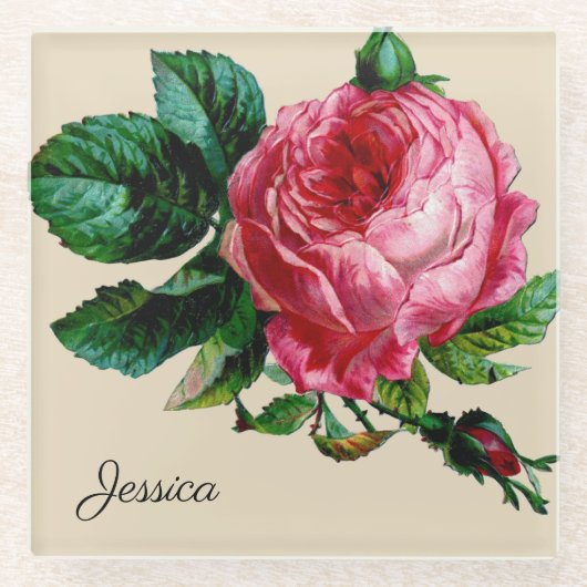 Vintage Rose mit Ihrem Namen Glasuntersetzer (Vorderseite)