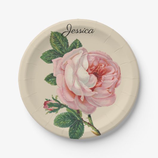 Vintage Rose mit Ihrem Namen Pappteller (Vorderseite)