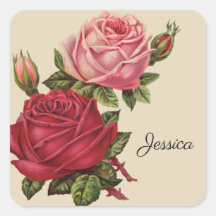 Vintage-Rose mit Namen Quadratischer Aufkleber