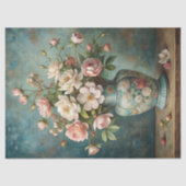 Vintage Rose mit Schambeinröte in blauer Vase Seidenpapier (Vorderseite)
