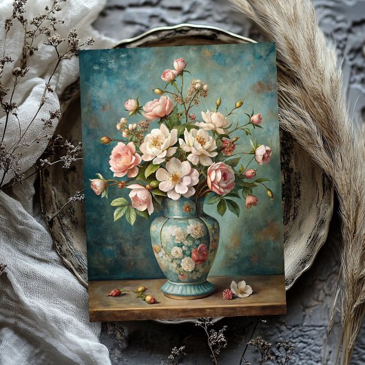 Vintage Rose mit Schambeinröte in blauer Vase Seidenpapier