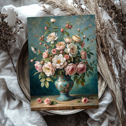 Vintage Rose mit Schambeinröte in blauer Vase Seidenpapier