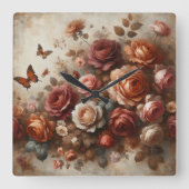Vintage Rose mit Schmetterlingen Quadratische Wanduhr (Vorderseite)