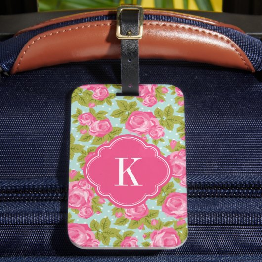 Vintage Rose Monogramm, Rosa und Minze Gepäckanhänger (Vorderseite Insitu 2)