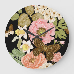 Vintage Rose Peonys: Schwarzes Blumenmuster Große Wanduhr