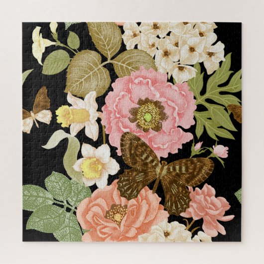 Vintage Rose Peonys: Schwarzes Blumenmuster Puzzle (Vertikal)