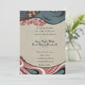 Vintage Rose Pfau Linen Hochzeit Einladung (Stehend Vorderseite)