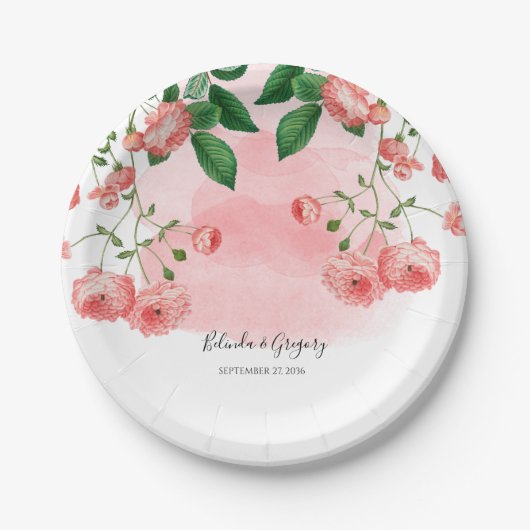Vintage Rose Rosa Botanische Hochzeit Pappteller (Vorderseite)