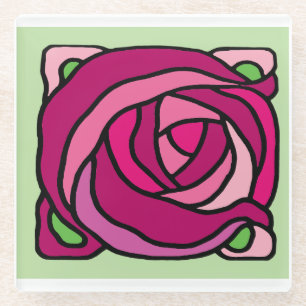 Vintage Rose Rosa und grüne Blumenmuster Glasuntersetzer