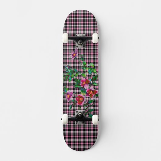 Vintage Rose Rosa und Schwarz kariert Skateboard (Vorderseite)