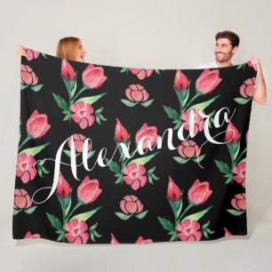 Vintage Rose Rosa und Schwarzes Muster Fleecedecke