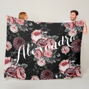 Vintage Rose Rosa und Schwarzes Muster Fleecedecke